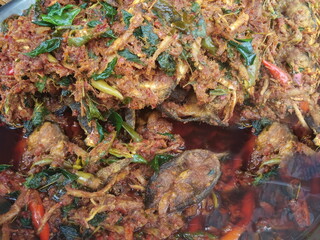 Top view of Thai traditional food Pad-Ped-Pla-Duk (Spicy Fried Catfish).
