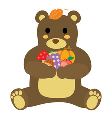 秋の収穫に喜ぶかわいい森の熊こげ茶