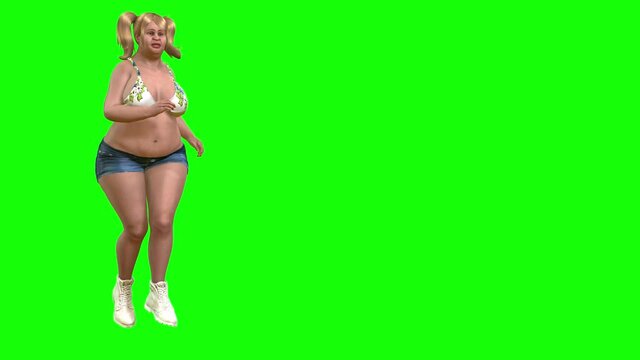 4k 3d animation of a unhappy avatar fat girl with blond pigtails hair, running to try to get fit , slowly she transforms to be fit, healthy and happy.