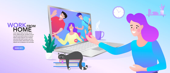 vector employee talk on video call on laptop with diverse colleagues. video conferencing at home woman having video call meeting with clients at home.