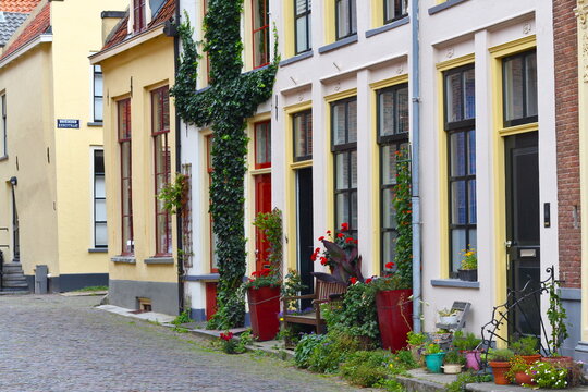 Ancient street "Broederenkerkstraat" and houses in old historic city Zutphen, the Netherlands