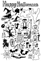ハロウィン　モノクロおしゃれイラストセット02