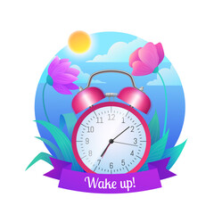 Wake up icon. Pink retro alarm clock on beautiful nature landscape with flowers, blue sky and sea. Spring or summer time design flat vector illustration