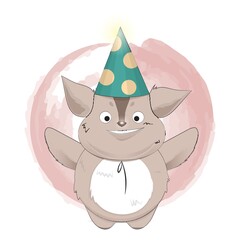 happy creature cartoon with party hat