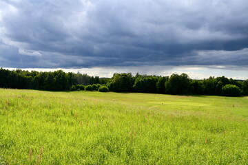 View of a vast pastureland, meadow, or field located next to a dense forest or moor right before a massive storm with dark, heavy, and moody clouds visible above the horizon on a Polish countryside