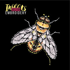 Fashionable greeting card with yellow fly. Embroidery and rhinestones fashion crystal patch with insects illustration. Isolated on black background.
