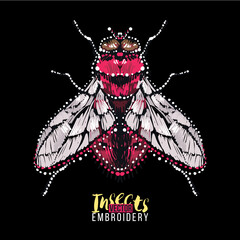 Simple greeting card with red fly. Embroidery and rhinestones fashion crystal patch with insects illustration. Isolated on black background.