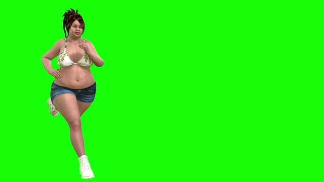 4k 3d animation of a overweight fat avatar girl dressed in shorts and bikini top, jogs and runs, as she runs she loses weight and becomes slim and fit.