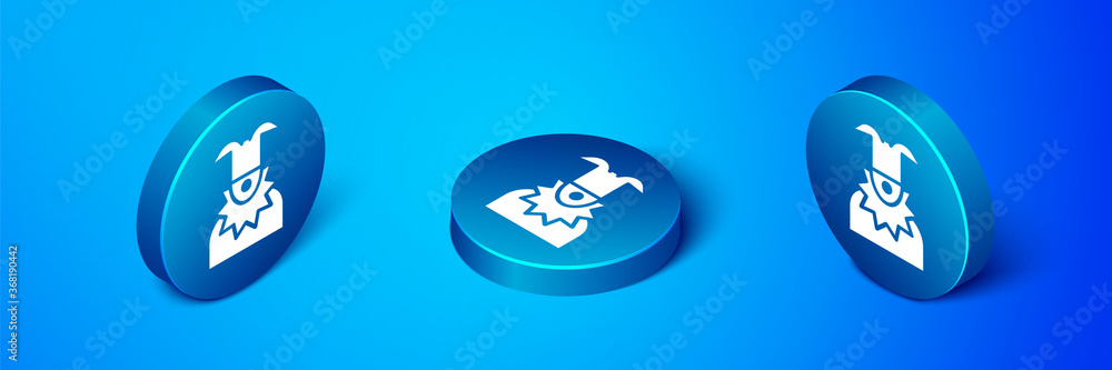 Sticker Isometric Joker head icon isolated on blue background. Jester sign. Blue circle button. Vector.