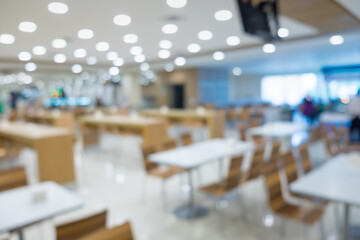 Blur of white table and wooden table on food court in shopping mall.