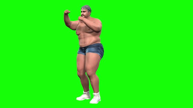 4k 3d animation of a fat overweight avatar man shadow boxing with different moves, and slowly he transforms and looses weight to become healthy and fit.