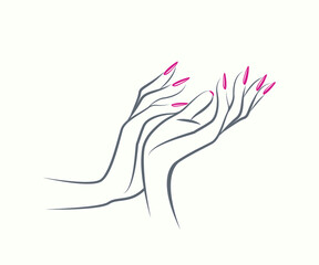 Nails art illustration.Woman hands with beautiful, elegant manicure isolated on white background.Nail salon icon.Bright pink nail polish.Luxury beauty style.