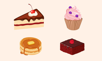 set cakes and sweets dessert.cupcake with pancake and brownies vector illustration