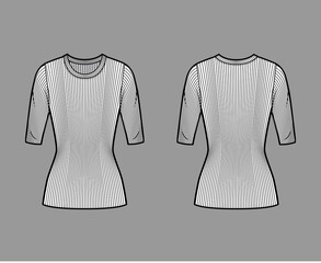 Ribbed crew neck knit sweater technical fashion illustration with elbow sleeves, close-fitting shape, tunic length. Flat outwear apparel template front back white color. Women men unisex top CAD