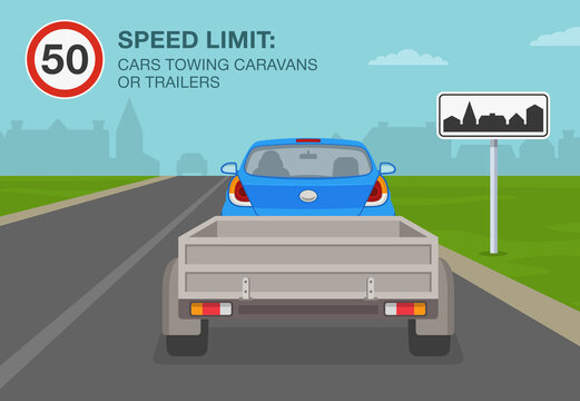 Back view of a car towing caravan or trailer on a motorway, highway. Speed limit. Driving a car. Flat vector illustration template.