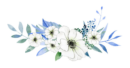 Watercolor illustration. Delicate bouquet with white flowers, leaves and twigs. Wedding decor. Invitations or postcards, for your design.