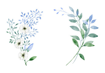 Watercolor illustration. Delicate twigs with leaves and flowers. Wedding decor. Invitations or postcards, for your design.