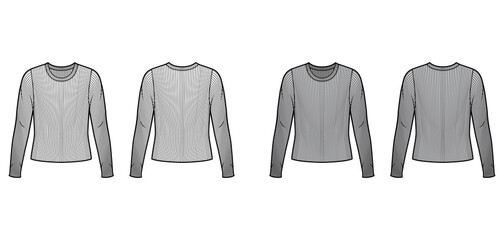 Ribbed crew neck knit sweater technical fashion illustration with long sleeves, oversized body. Flat outwear apparel template front back white grey color. Women men unisex shirt top CAD mockup