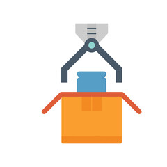 Robot hand put product into box packaging in food processing production vector icon design on white background.