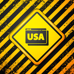 Black USA United states of america on browser icon isolated on yellow background. Warning sign. Vector.