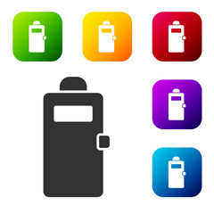 Black Police assault shield icon isolated on white background. Set icons in color square buttons. Vector.