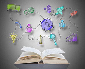 Marketing strategy concept above a book