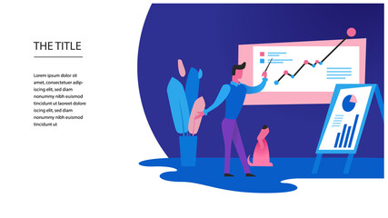 Colorful business illustration with men and dog. Banner with success grow. Infographics about group business.
