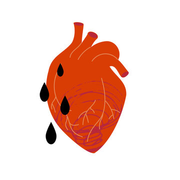 Hand-drawn red anatomical heart with black drops dripping from it. Rupture of relations. Sad mood. Vector elements isolated on a white background. Loss of a loved one.