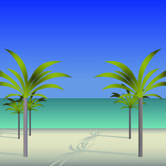 Fototapeta na wymiar Palms on the beach, blue ocean, sea and sand, vector illustration