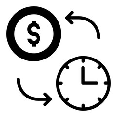 Ratio between time and money concept, clock with rotating arrows vector icon glyph design, Trade and barter Symbol on White background 