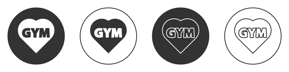 Black Fitness gym heart icon isolated on white background. I love fitness. Circle button. Vector.