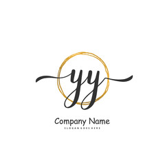 Y YY Initial handwriting and signature logo design with circle. Beautiful design handwritten logo for fashion, team, wedding, luxury logo.