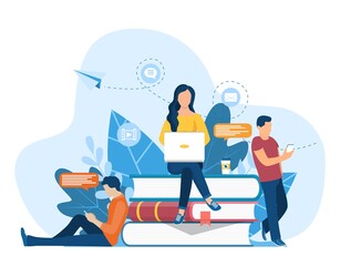 Girl sitting on pile of books. Concept illustration of online courses, distance studying, self education, digital library. E-learning banner. Online education. Vector illustration in flat style - obrazy, fototapety, plakaty