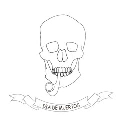 Dia de muertos banner. Skull anphase with pipe hand drawn graphic ink sketch stock vector illustration for web, for print 