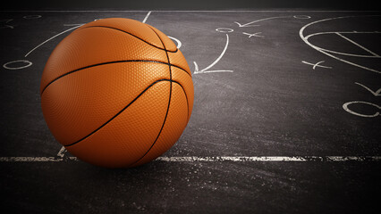 Basketball standing on game strategy blackboard. 3D illustration