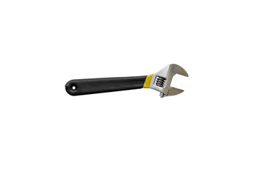 Adjustable wrench with plastic black handle isolated on white background.