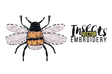 Set of modern elements: small funny bee. Embroidery fashion patch with insects illustration. Trendy traditional art on white background.