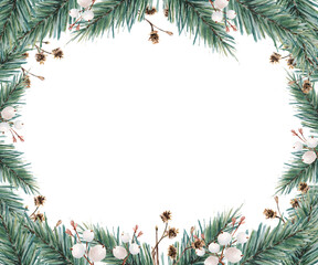 Watercolor square frame with conifer twigs, snowberries and abstract brown twigs