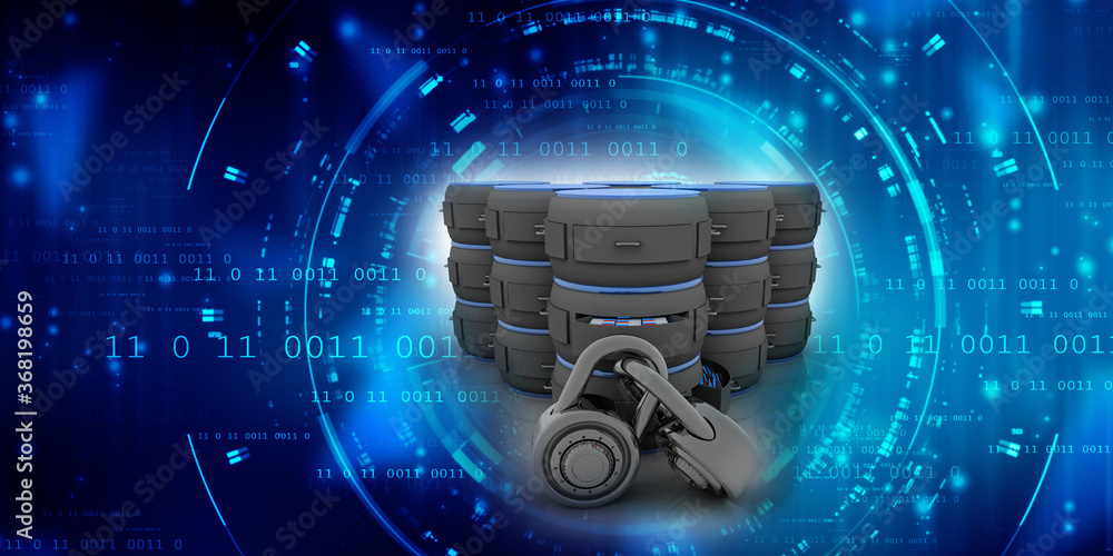 Poster 3d illustration database storage security concept. disk with lock