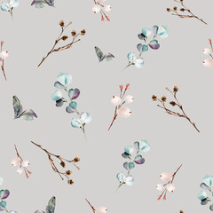 Watercolor seamless pattern with abstract brown twigs,  lambear weed, snowberries and heart-shaped twig on grey background
