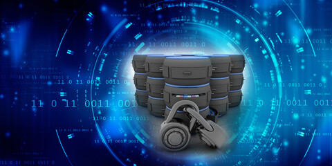 3d illustration Database storage security concept. Disk with lock
