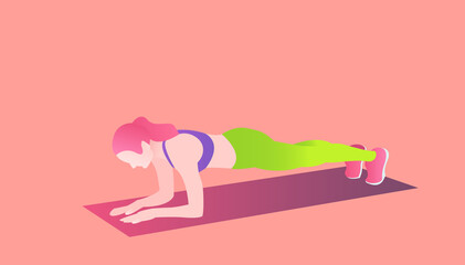 Fitness girl doing plank. Sport exercises at home. Colorful and editable vector illustration