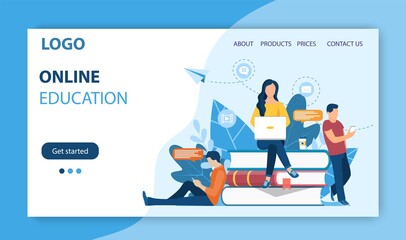 Online education landing page. woman sitting on pile of books. Concept illustration for school, education, university. Vector illustration in flat style. - obrazy, fototapety, plakaty