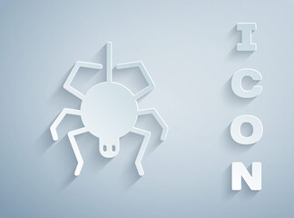 Paper cut Spider icon isolated on grey background. Happy Halloween party. Paper art style. Vector.
