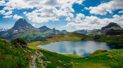 Naklejka na ściany i meble Pic du Midi Ossau and Ayous lake in french Pyrenees mountains