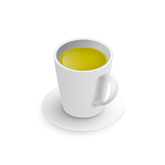 Realistic 3d cup of hot aromatic freshly brewed drink green tea. A teacup isometric view isolated on white background. Vector illustration for web, design, menu, app