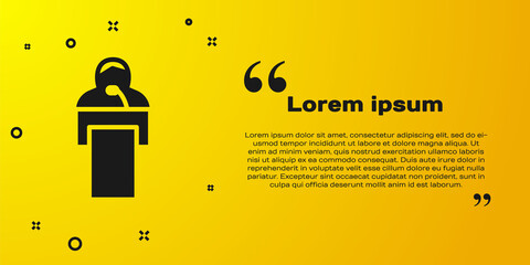 Fototapeta na wymiar Black Gives lecture icon isolated on yellow background. Stand near podium. Speak into microphone. The speaker lectures and gestures. Vector.
