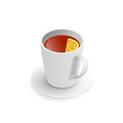 Realistic 3d cup of hot aromatic freshly brewed drink black tea with lemon, saucer. A teacup isometric view isolated on white background. Vector illustration for web, design, menu, app