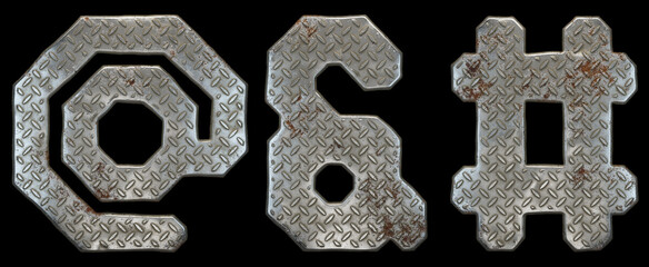 Set of symbols at, ampersand and hash made of industrial metal on black background 3d