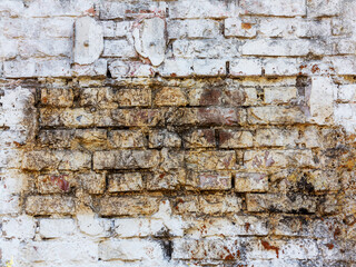 Abstract background old white brick wall with cracks and scratches. Landscape style. Great background or texture.